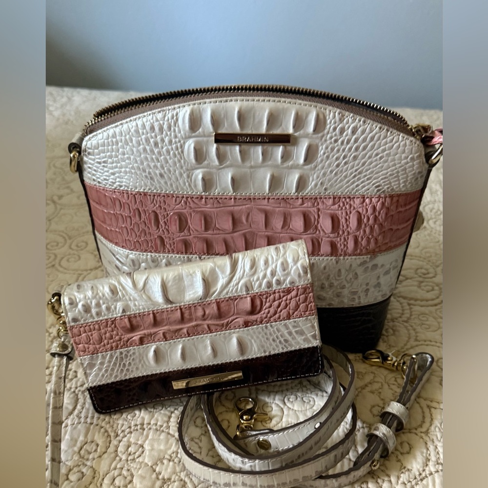 Brahmin Cream and Pink Croc-Embossed Crossbody Bag Set